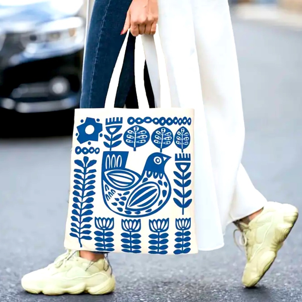 Scandinavian Bird Tote: Nordic Folk Art Style Purse Bag